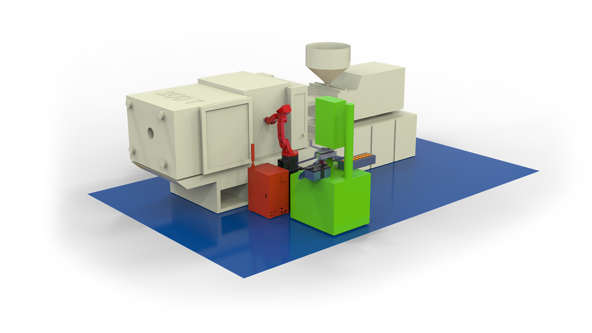 BRTIRUS0805A six-axis robot in an ultrasonic sprue cutting, counting, and cavity sorting cell for injection molding
