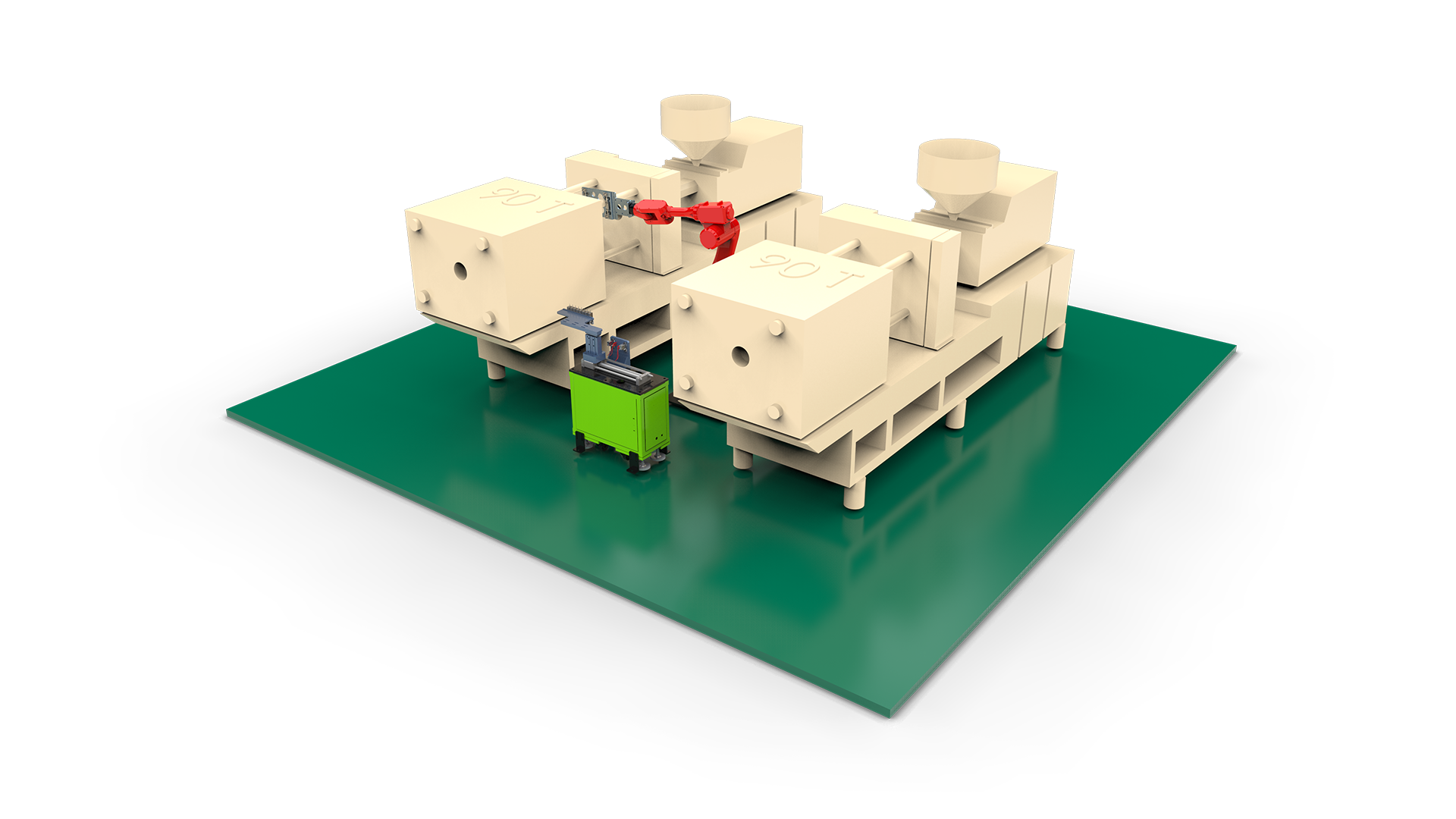 Six-axis robot performing insert placement at an eight-cavity injection molding cell