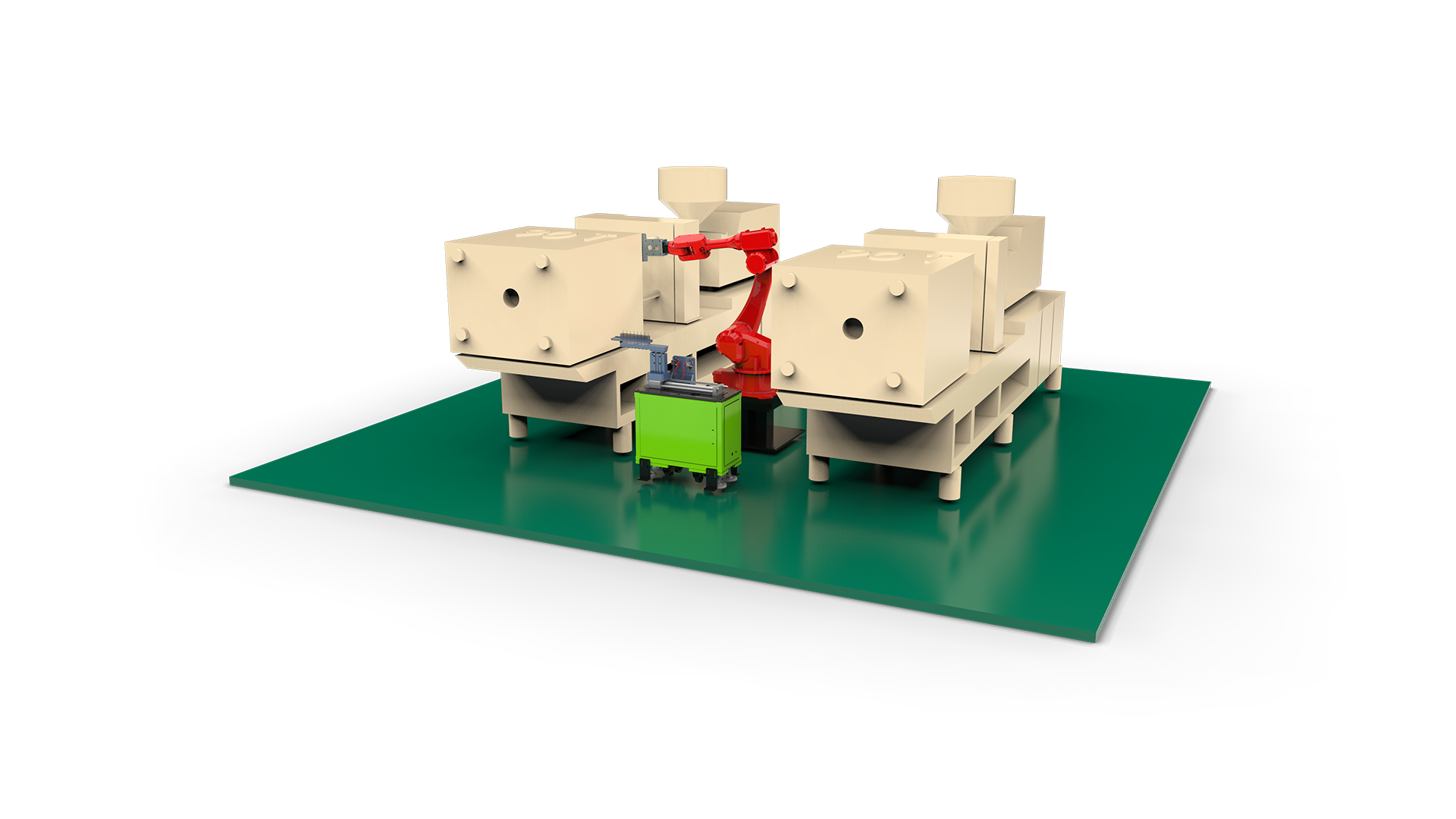 Robot cell layout for eight-cavity toothbrush insert overmolding