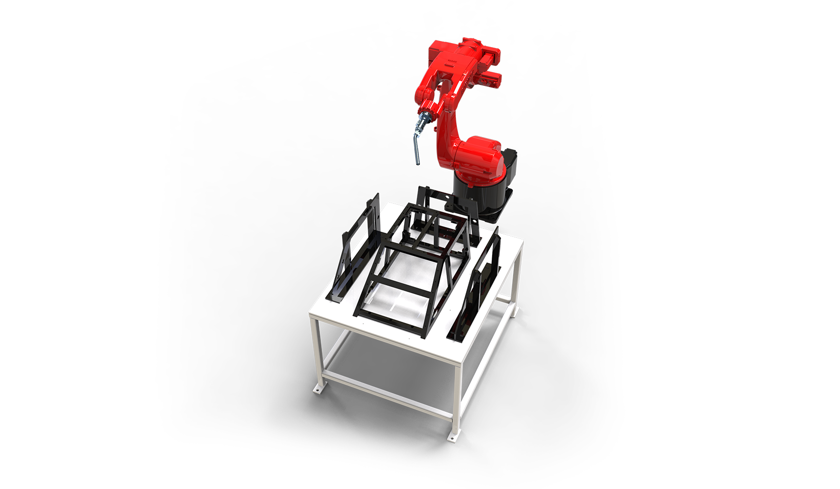Dual-axis positioner presenting an industrial cart frame to the BRTIRWD1506A welding robot